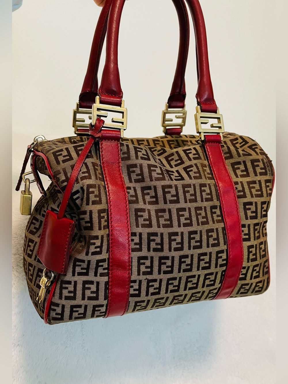 Fendi Authentic Brown Zucca Canvas Satchel with Red Leather Trim - Picture 15 of 15
